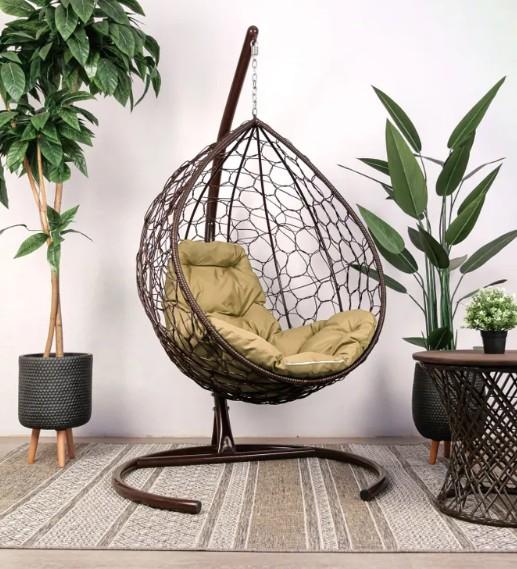 Кресло подвесное КАПЛЯ с ротангом коричневое, бежевая подушка в интернет гипермаркете «Планета Лета». Фото