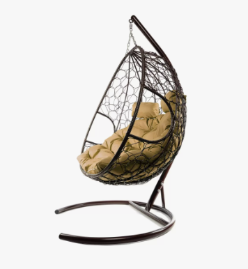 Кресло подвесное ДЛЯ ДВОИХ с ротангом коричневое, бежевая подушка в интернет гипермаркете «Планета Лета». Фото