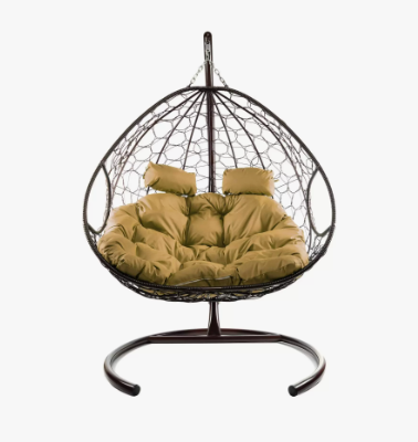 Кресло подвесное ДЛЯ ДВОИХ с ротангом коричневое, бежевая подушка в интернет гипермаркете «Планета Лета». Фото